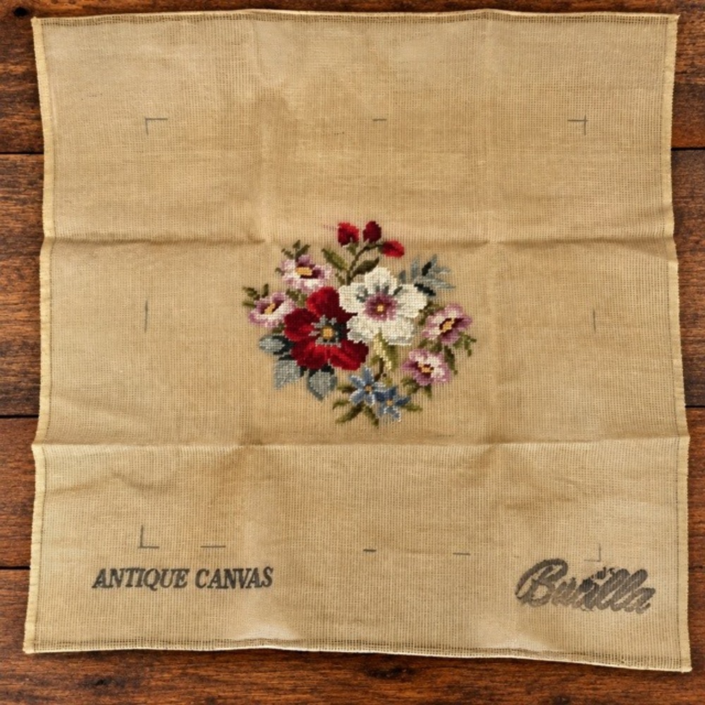 Vintage Bucilla Floral Bouquet Needlepoint Canvas Completed 23x23 Antique